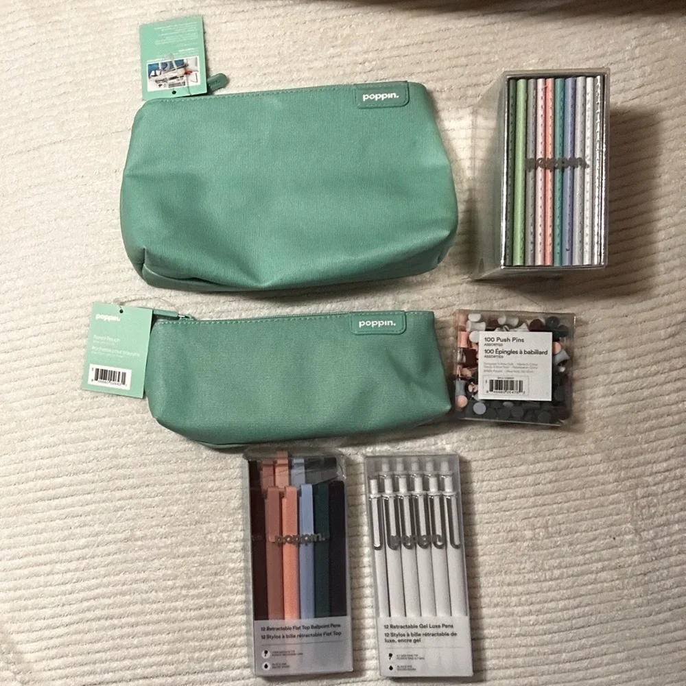 Poppin. Set of Notebooks, Pouches, Pens, Push Pins (Aqua Blue)